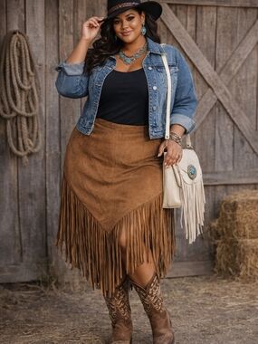 LFD Plus Size 3XL Faux Suede Fringe Skirt Brown Western Boho NWT